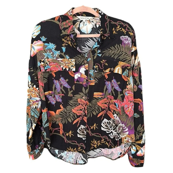 PEPALOVES Bohemian Tropical Button Up Shirt Black Whimsical Butterflies Large - Picture 15 of 16